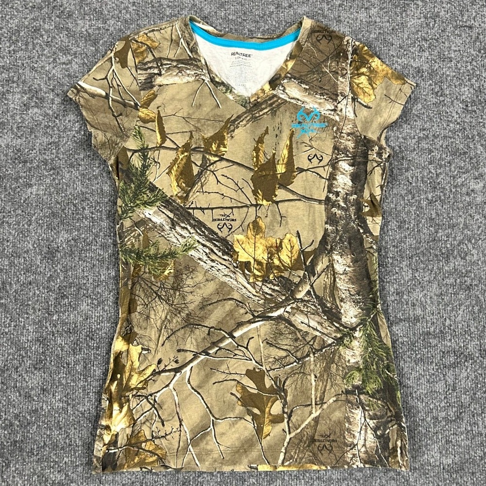 Realtree T-Shirt Womens Size S Brown Camo V-Neck Cotton Blend Slim Fit Hunting